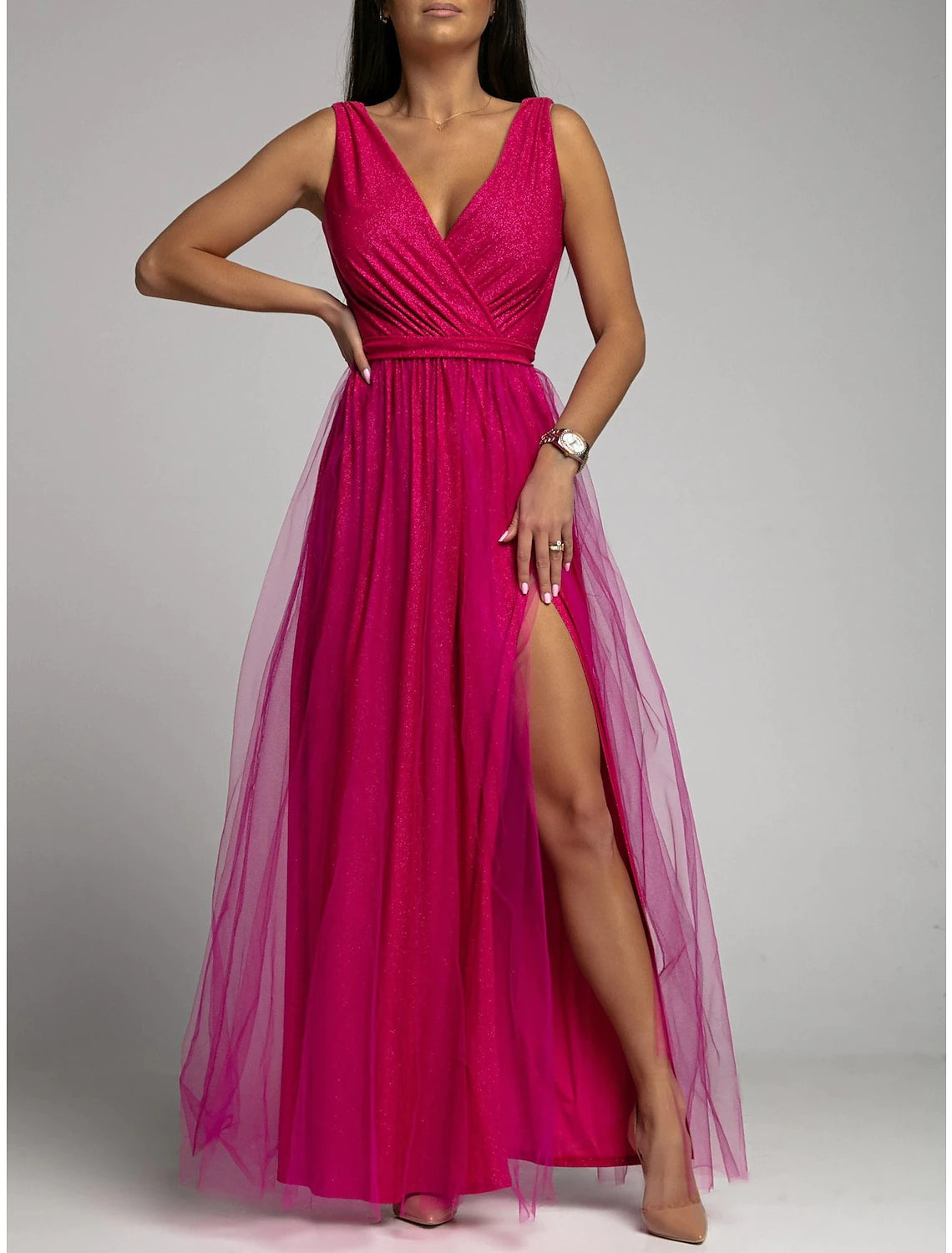 Wholesale A-Line Party Dresses Sexy Dress Wedding Guest Prom Floor Length Sleeveless V Neck Polyester with Ruched Slit
